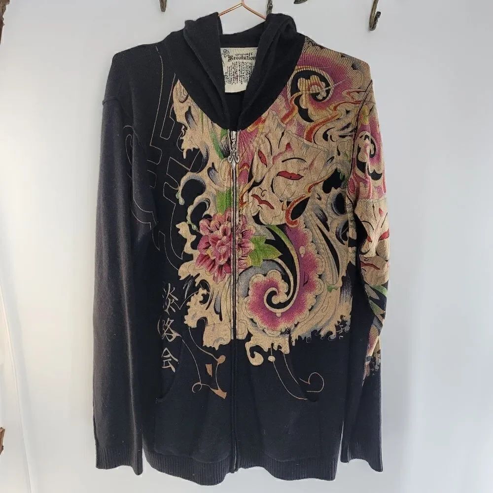 Ethnic revolution embellished black cashmere hoodie